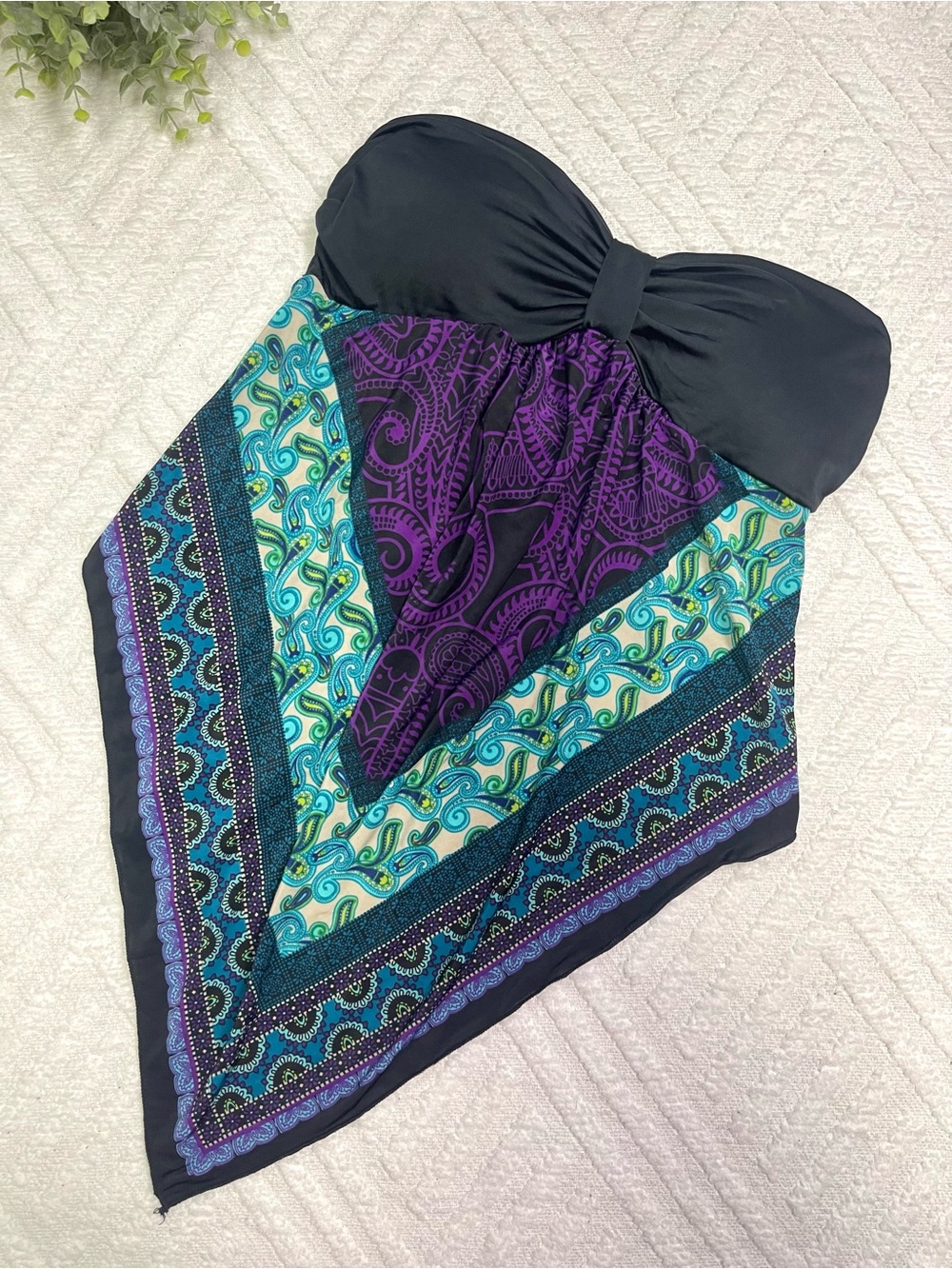 Charlotte Russe Black Strapless Swim Top with Purple & Blue Pattern Size S